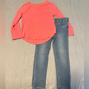 Neon Coral Glitter Long Sleeve Shirt and Light Wash Skinny Blue Jeans Bundle